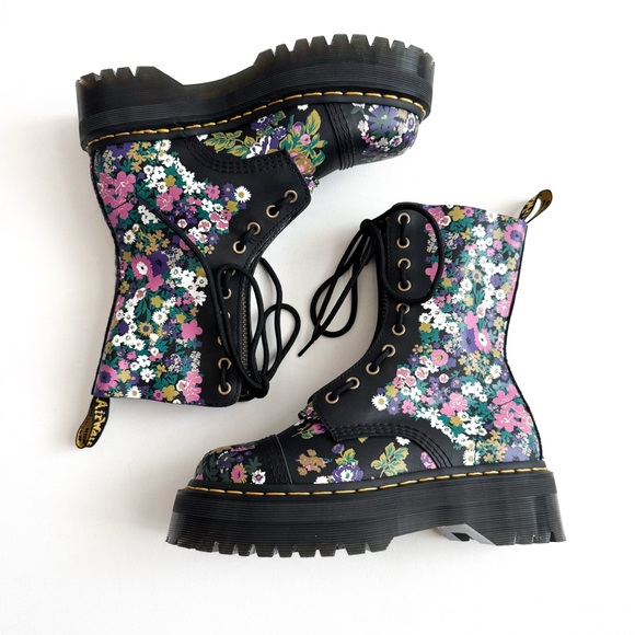 Dr. Martens Sinclair Black Leather Vintage Floral Zip Lace Up Platform Boots - Picture 9 of 10